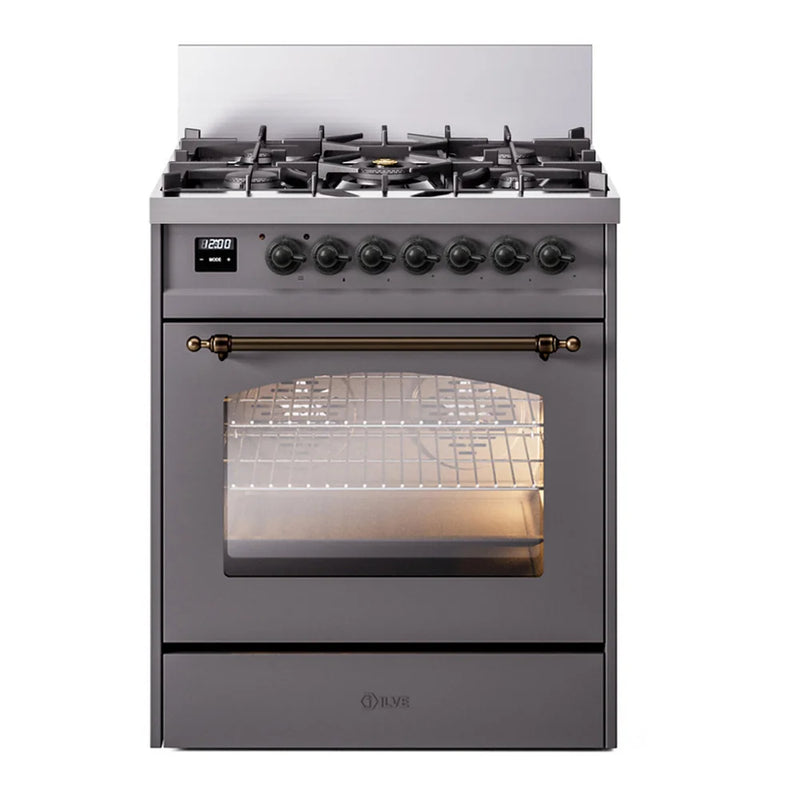 ILVE Nostalgie II 30" Dual Fuel Freestanding Range in Graphite Matte with Burnished Trim, UP30NMPMGB