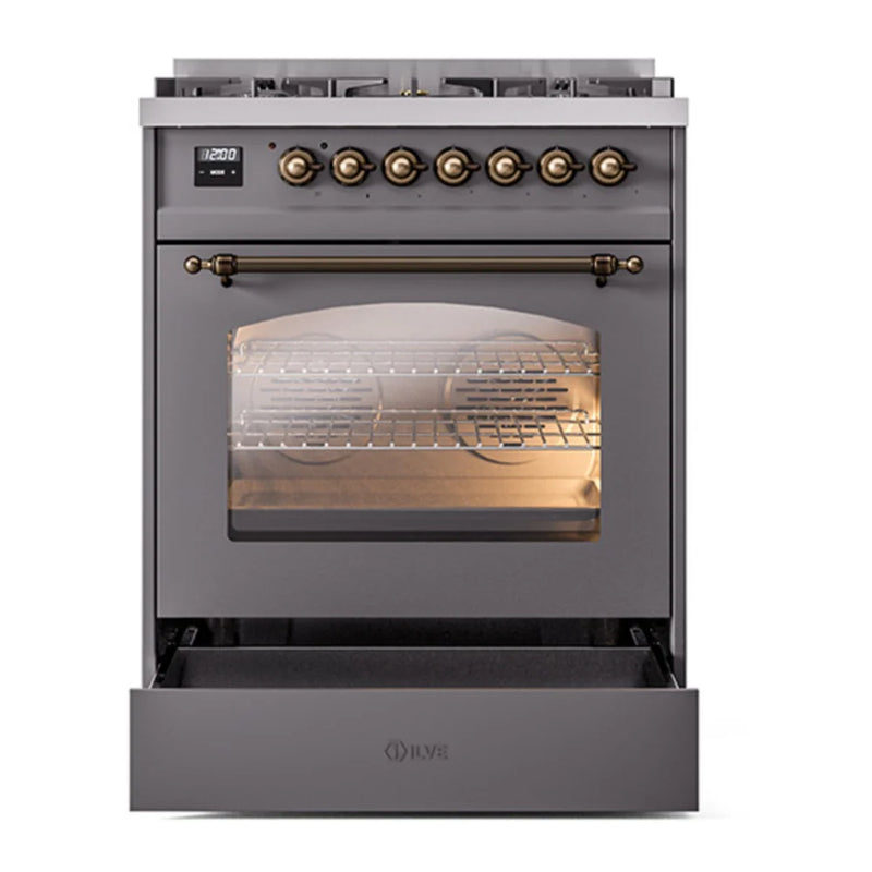 ILVE Nostalgie II 30" Dual Fuel Freestanding Range in Graphite Matte with Burnished Trim, UP30NMPMGB