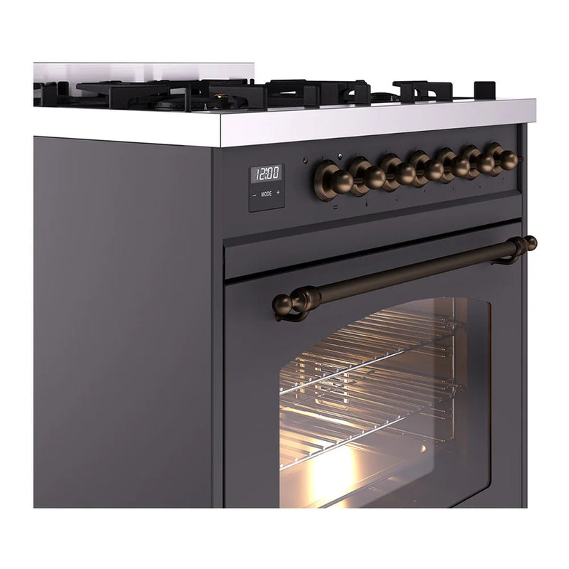 ILVE Nostalgie II 30" Dual Fuel Freestanding Range in Graphite Matte with Burnished Trim, UP30NMPMGB