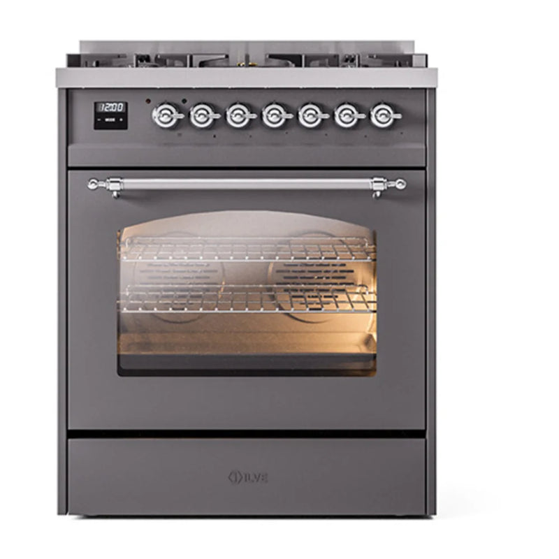 ILVE Nostalgie II 30" Dual Fuel Freestanding Range in Graphite Matte with Chrome Trim, UP30NMPMGCLP