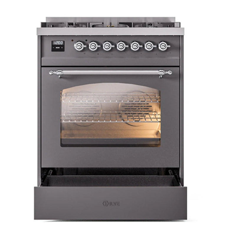ILVE Nostalgie II 30" Dual Fuel Freestanding Range in Graphite Matte with Chrome Trim, UP30NMPMGCLP