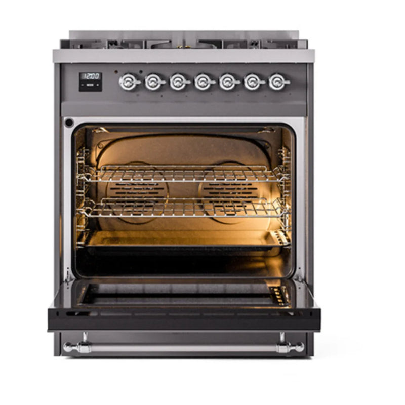 ILVE Nostalgie II 30" Dual Fuel Freestanding Range in Graphite Matte with Chrome Trim, UP30NMPMGC
