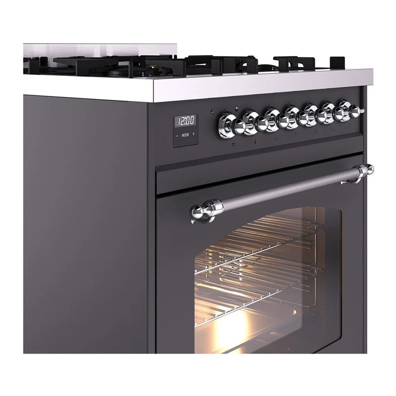 ILVE Nostalgie II 30" Dual Fuel Freestanding Range in Graphite Matte with Chrome Trim, UP30NMPMGC