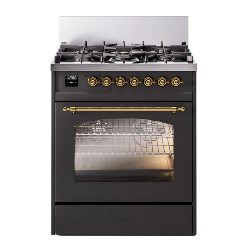 ILVE Nostalgie II 30" Dual Fuel Freestanding Range in Graphite Matte with Brass Trim, UP30NMPMGG