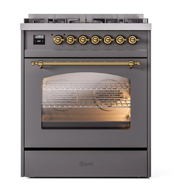 ILVE Nostalgie II 30" Dual Fuel Freestanding Range in Graphite Matte with Brass Trim, UP30NMPMGG