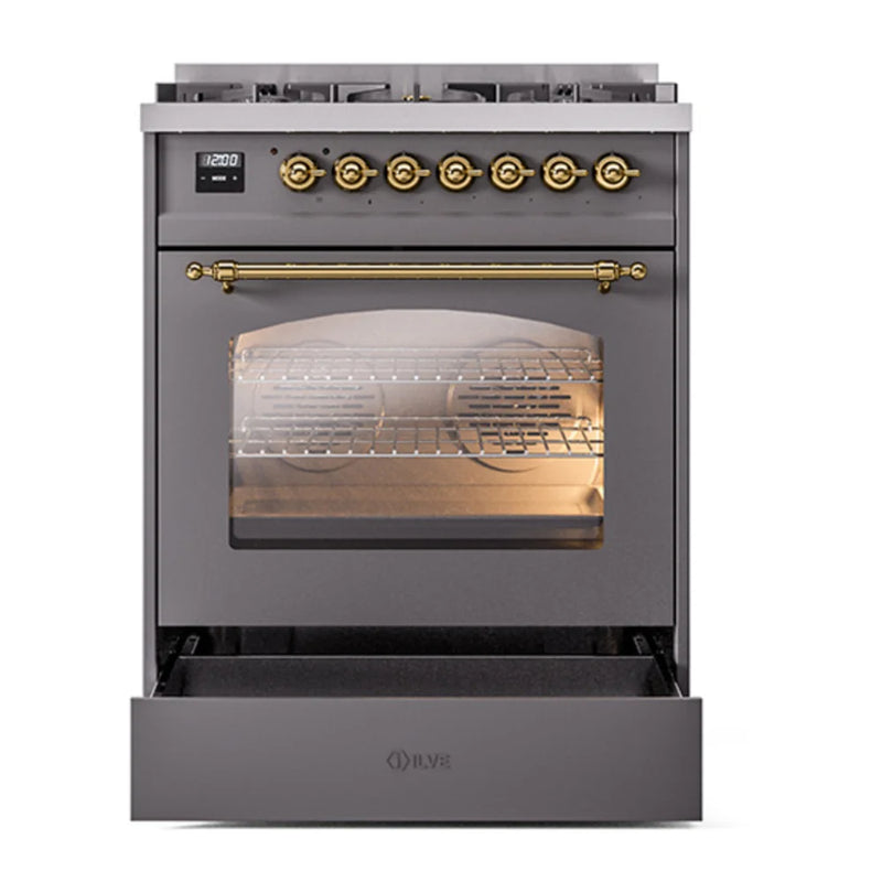 ILVE Nostalgie II 30" Dual Fuel Freestanding Range in Graphite Matte with Brass Trim, UP30NMPMGG