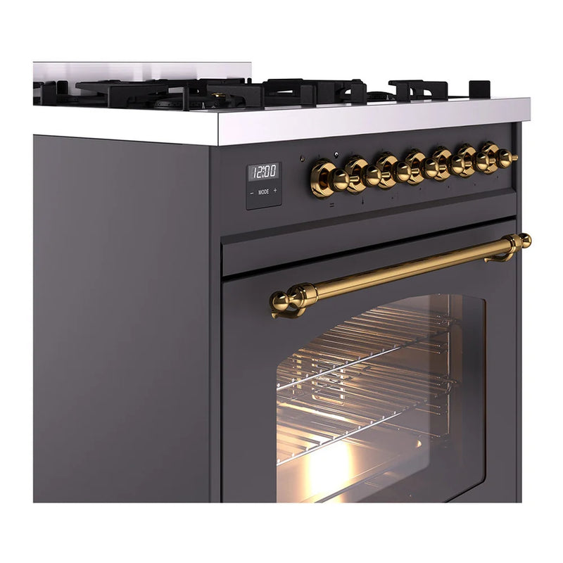 ILVE Nostalgie II 30" Dual Fuel Freestanding Range in Graphite Matte with Brass Trim, UP30NMPMGG
