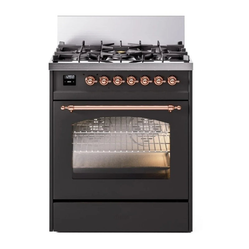ILVE Nostalgie II 30" Dual Fuel Freestanding Range in Graphite Matte with Copper Trim, UP30NMPMGPLP