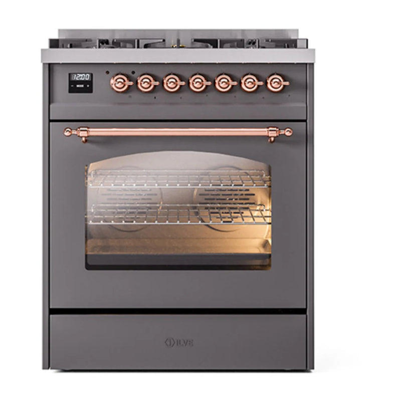 ILVE Nostalgie II 30" Dual Fuel Freestanding Range in Graphite Matte with Copper Trim, UP30NMPMGPLP