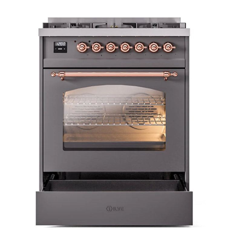 ILVE Nostalgie II 30" Dual Fuel Freestanding Range in Graphite Matte with Copper Trim, UP30NMPMGP