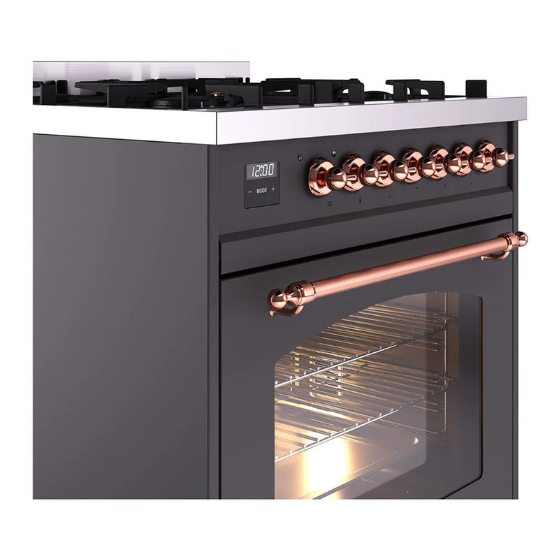 ILVE Nostalgie II 30" Dual Fuel Freestanding Range in Graphite Matte with Copper Trim, UP30NMPMGP