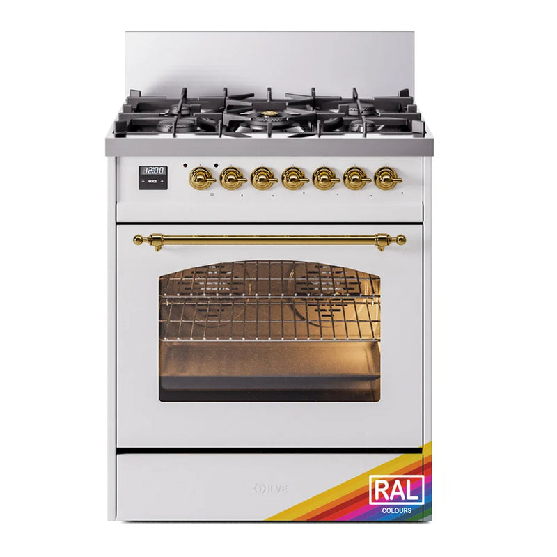 ILVE Nostalgie II 30" Dual Fuel Freestanding Range in RAL Color with Brass Trim, UP30NMPRAGLP