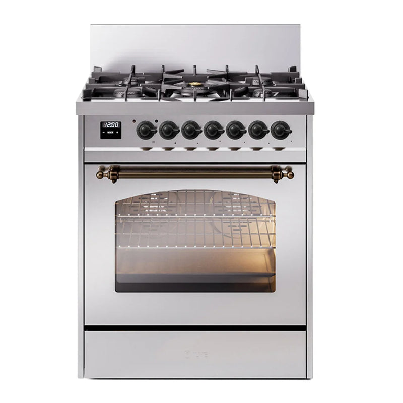 ILVE Nostalgie II 30" Dual Fuel Freestanding Range in Stainless Steel with Burnished Trim, UP30NMPSSBLP