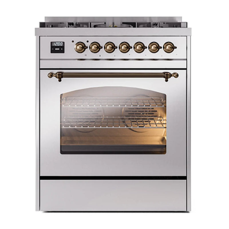 ILVE Nostalgie II 30" Dual Fuel Freestanding Range in Stainless Steel with Burnished Trim, UP30NMPSSBLP