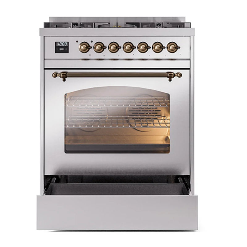 ILVE Nostalgie II 30" Dual Fuel Freestanding Range in Stainless Steel with Burnished Trim, UP30NMPSSBLP