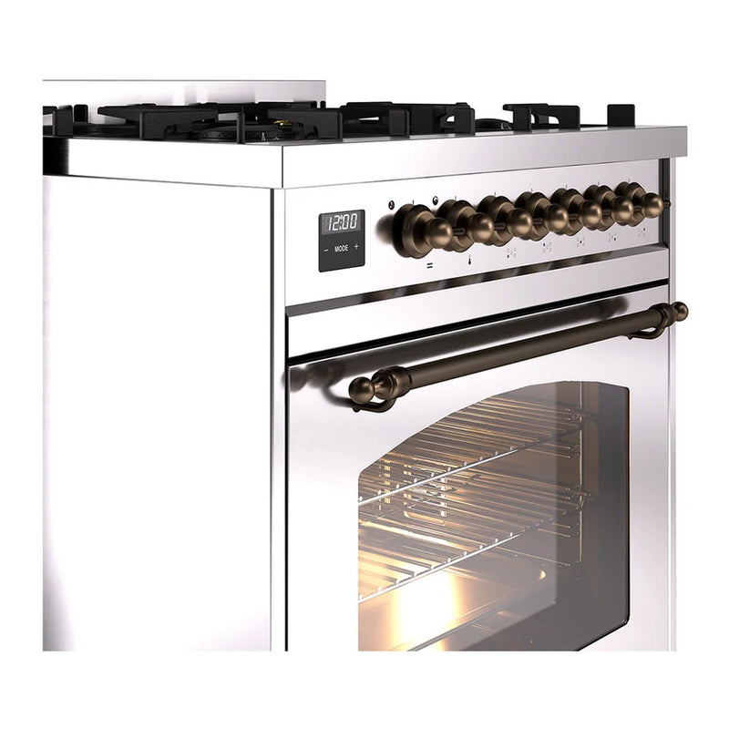 ILVE Nostalgie II 30" Dual Fuel Freestanding Range in Stainless Steel with Burnished Trim, UP30NMPSSB