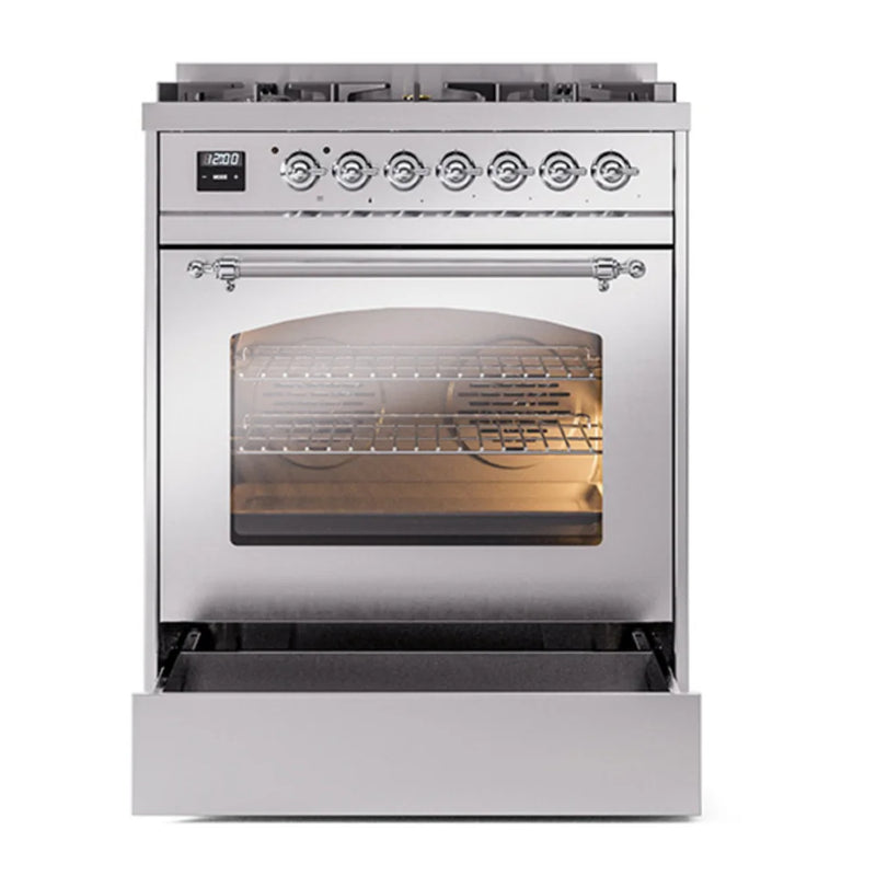 ILVE Nostalgie II 30" Dual Fuel Freestanding Range in Stainless Steel with Chrome Trim, UP30NMPSSCLP