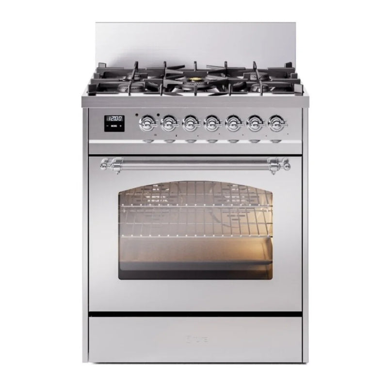 ILVE Nostalgie II 30" Dual Fuel Freestanding Range in Stainless Steel with Chrome Trim, UP30NMPSSC