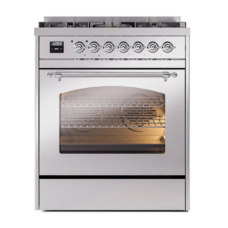 ILVE Nostalgie II 30" Dual Fuel Freestanding Range in Stainless Steel with Chrome Trim, UP30NMPSSC