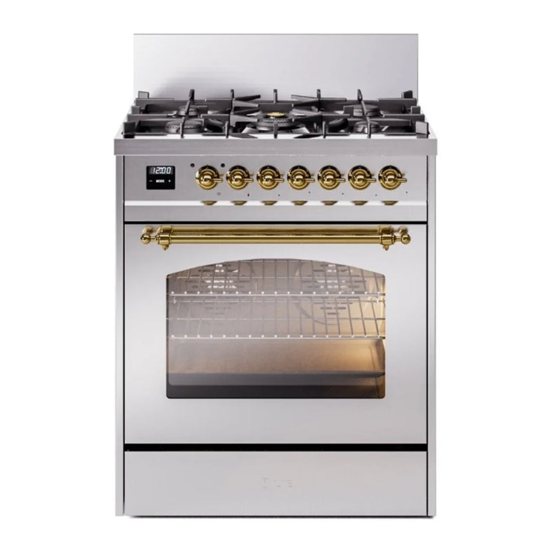 ILVE Nostalgie II 30" Dual Fuel Freestanding Range in Stainless Steel with Brass Trim, UP30NMPSSGLP