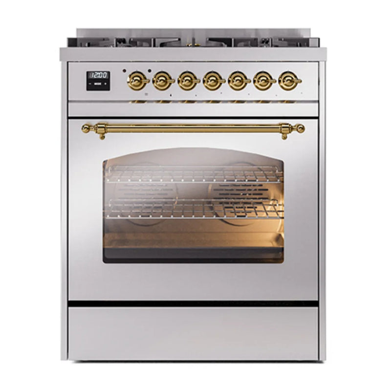 ILVE Nostalgie II 30" Dual Fuel Freestanding Range in Stainless Steel with Brass Trim, UP30NMPSSGLP