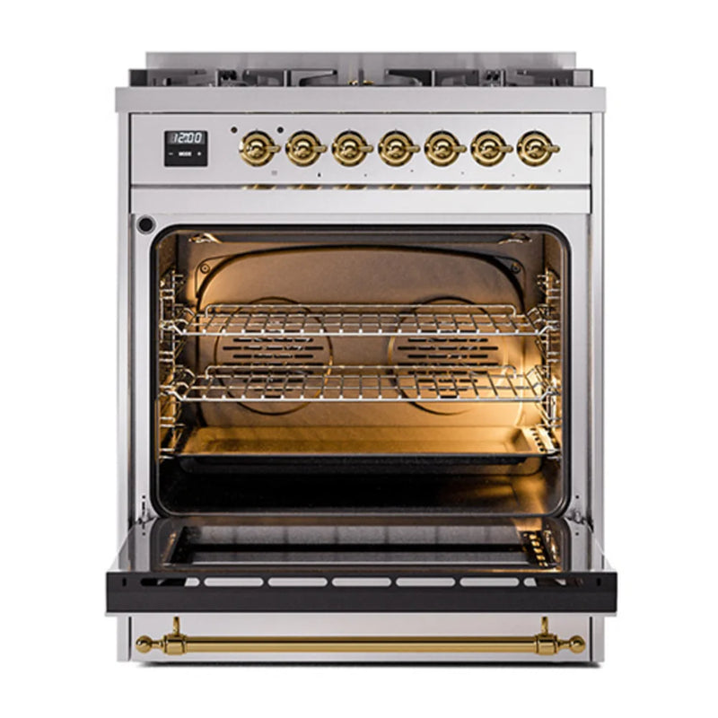 ILVE Nostalgie II 30" Dual Fuel Freestanding Range in Stainless Steel with Brass Trim, UP30NMPSSGLP
