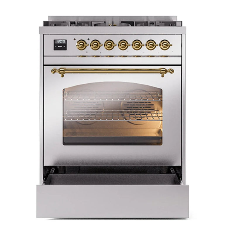 ILVE Nostalgie II 30" Dual Fuel Freestanding Range in Stainless Steel with Brass Trim, UP30NMPSSGLP