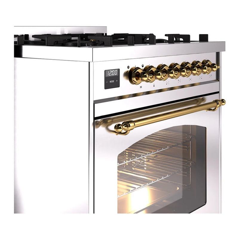 ILVE Nostalgie II 30" Dual Fuel Freestanding Range in Stainless Steel with Brass Trim, UP30NMPSSGLP