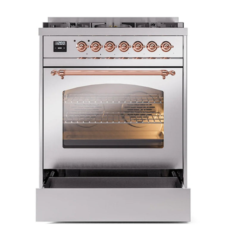 ILVE Nostalgie II 30" Dual Fuel Freestanding Range in Stainless Steel with Copper Trim, UP30NMPSSPLP