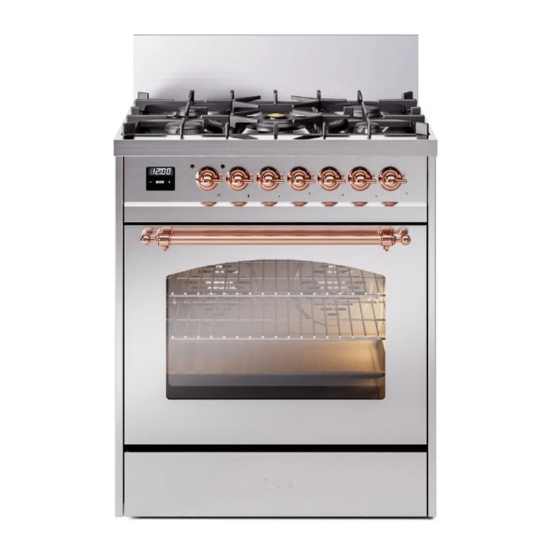 ILVE Nostalgie II 30" Dual Fuel Freestanding Range in Stainless Steel with Copper Trim, UP30NMPSSP