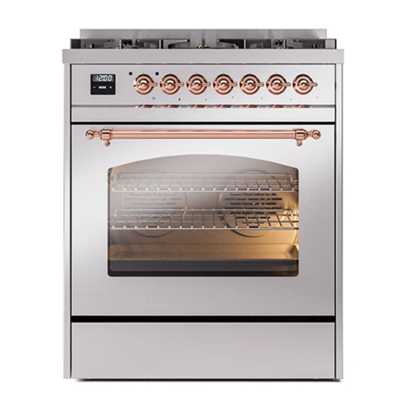 ILVE Nostalgie II 30" Dual Fuel Freestanding Range in Stainless Steel with Copper Trim, UP30NMPSSP