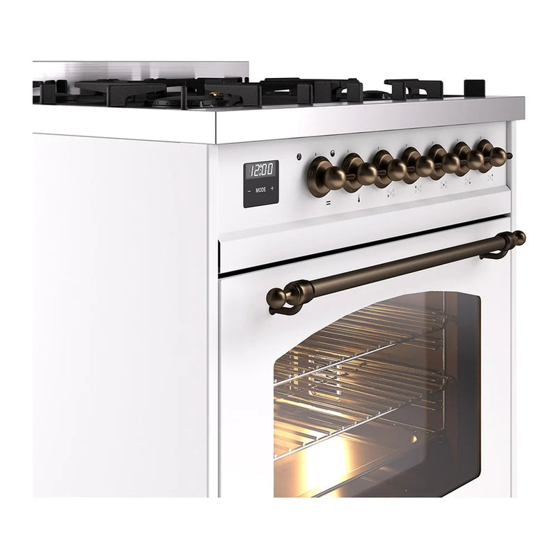 ILVE Nostalgie II 30" Dual Fuel Freestanding Range in White with Burnished Trim, UP30NMPWHBLP