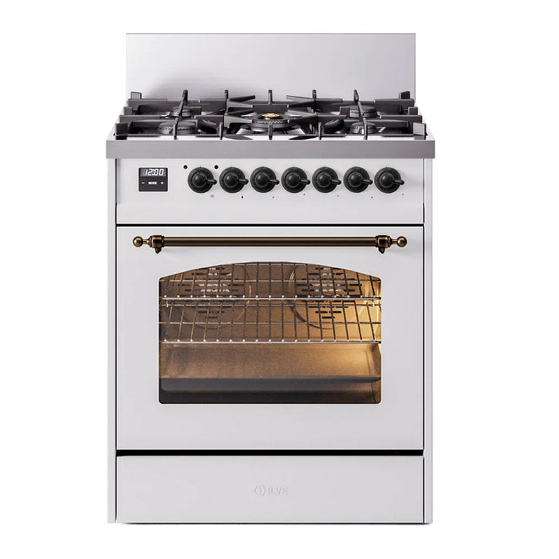 ILVE Nostalgie II 30" Dual Fuel Freestanding Range in White with Burnished Trim, UP30NMPWHB