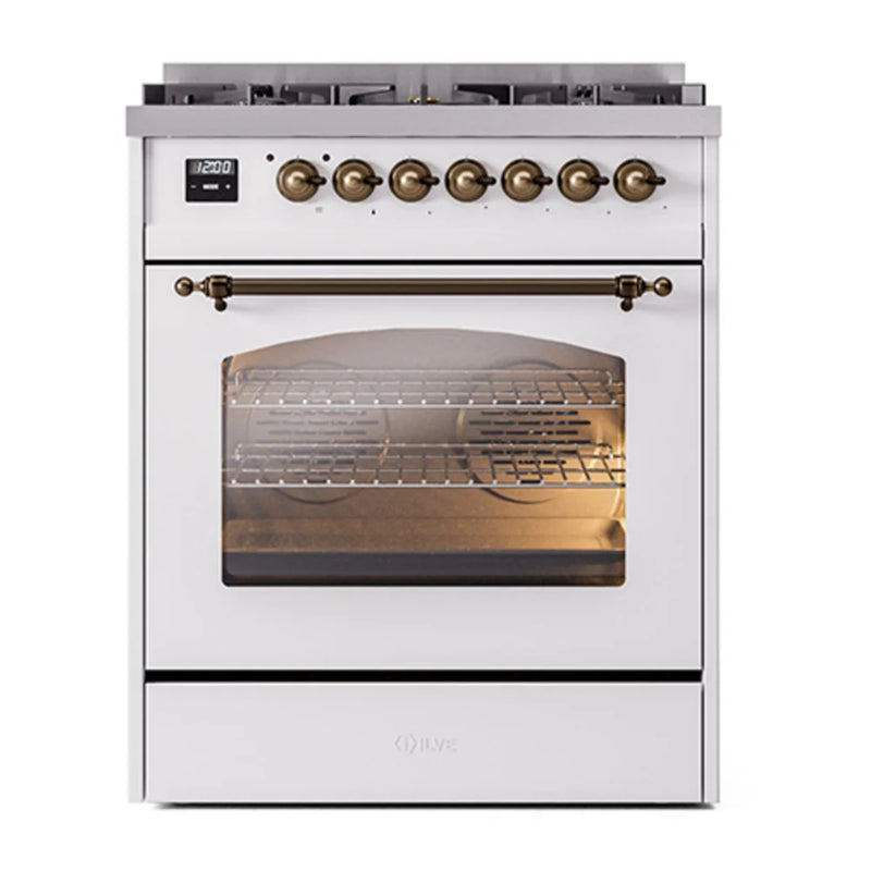 ILVE Nostalgie II 30" Dual Fuel Freestanding Range in White with Burnished Trim, UP30NMPWHB