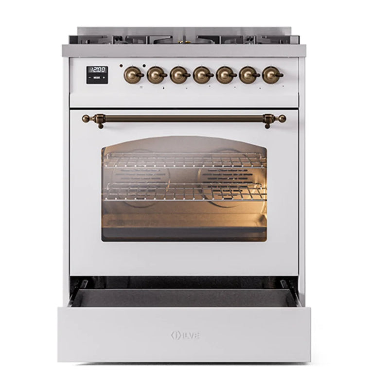 ILVE Nostalgie II 30" Dual Fuel Freestanding Range in White with Burnished Trim, UP30NMPWHB