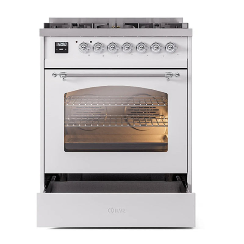 ILVE Nostalgie II 30" Dual Fuel Freestanding Range in White with Chrome Trim, UP30NMPWHCLP