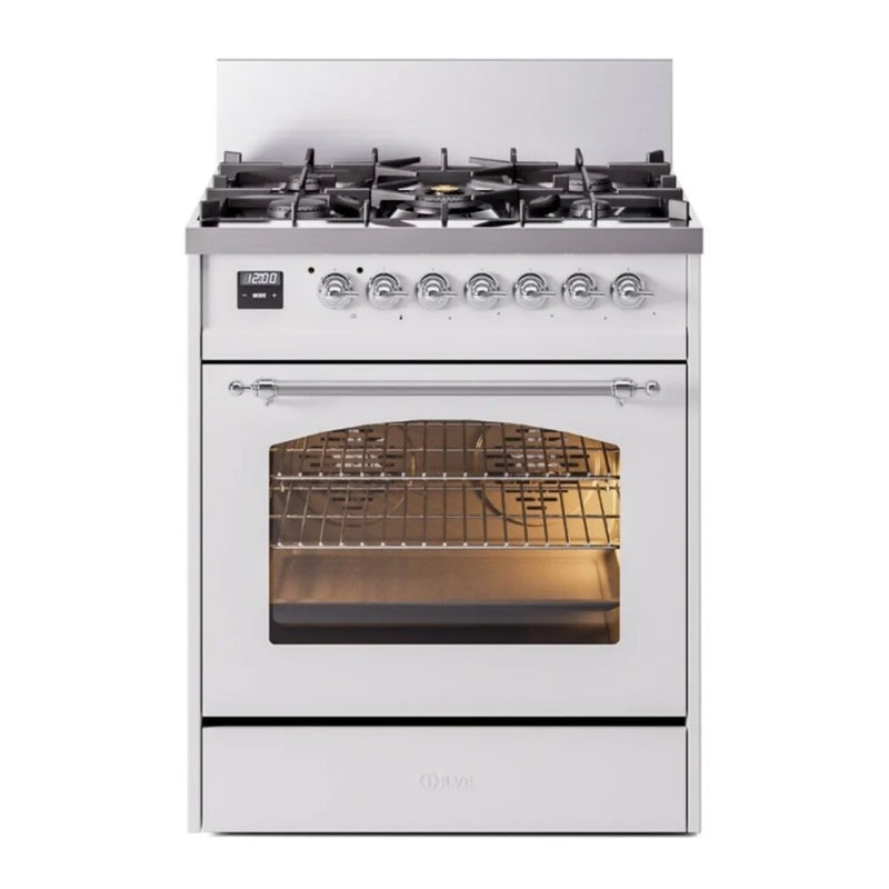 ILVE Nostalgie II 30" Dual Fuel Freestanding Range in White with Chrome Trim, UP30NMPWHC