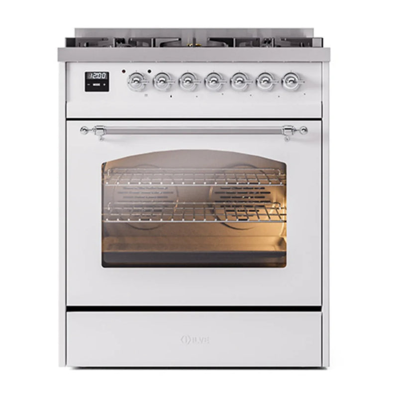ILVE Nostalgie II 30" Dual Fuel Freestanding Range in White with Chrome Trim, UP30NMPWHC