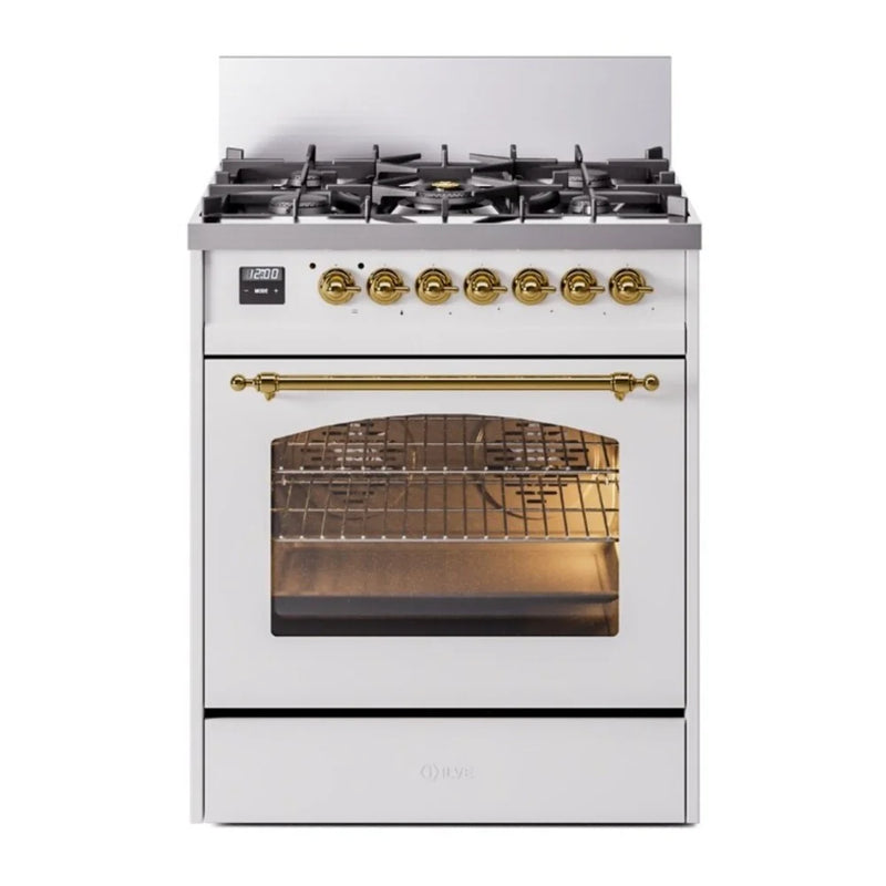 ILVE Nostalgie II 30" Dual Fuel Freestanding Range in White with Brass Trim, UP30NMPWHGLP
