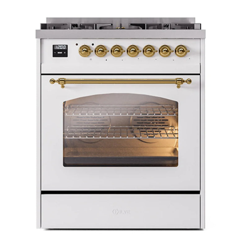 ILVE Nostalgie II 30" Dual Fuel Freestanding Range in White with Brass Trim, UP30NMPWHGLP