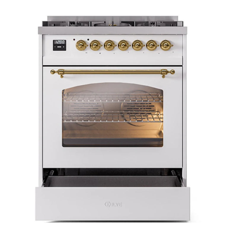 ILVE Nostalgie II 30" Dual Fuel Freestanding Range in White with Brass Trim, UP30NMPWHGLP