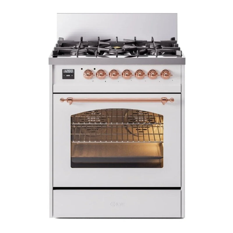 ILVE Nostalgie II 30" Dual Fuel Freestanding Range in White with Copper Trim, UP30NMPWHPLP