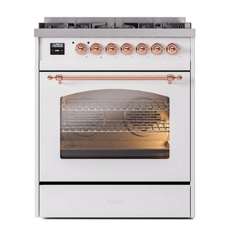 ILVE Nostalgie II 30" Dual Fuel Freestanding Range in White with Copper Trim, UP30NMPWHPLP