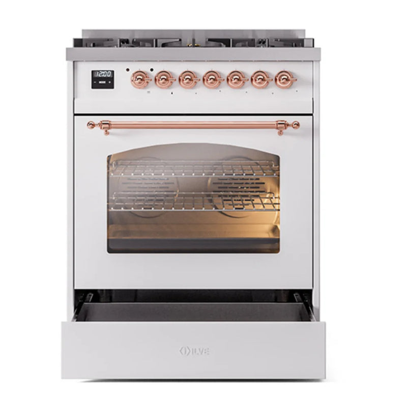 ILVE Nostalgie II 30" Dual Fuel Freestanding Range in White with Copper Trim, UP30NMPWHPLP