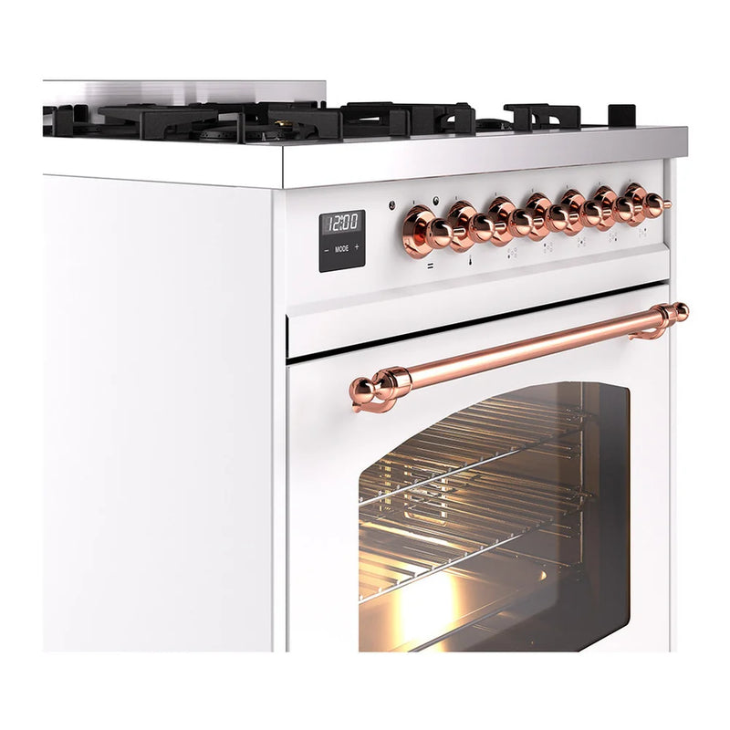 ILVE Nostalgie II 30" Dual Fuel Freestanding Range in White with Copper Trim, UP30NMPWHPLP