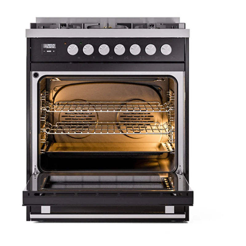 ILVE Professional Plus II 30" Dual Fuel Freestanding Range in Glossy Black with Stainless Steel Trim, UP30QMPBKLP