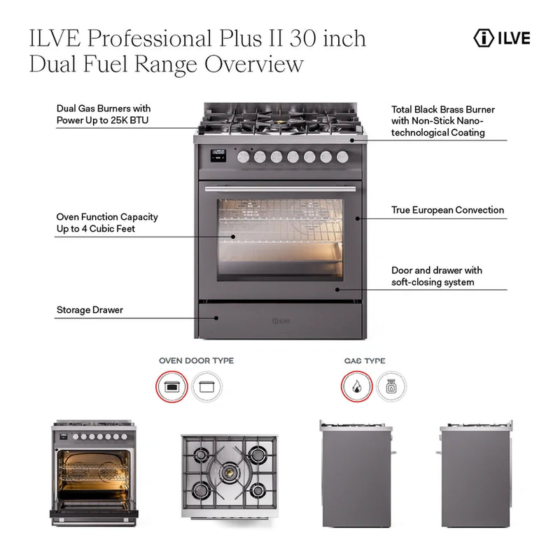 ILVE Professional Plus II 30" Dual Fuel Freestanding Range in Graphite Matte with Stainless Steel Trim, UP30QMPMGLP