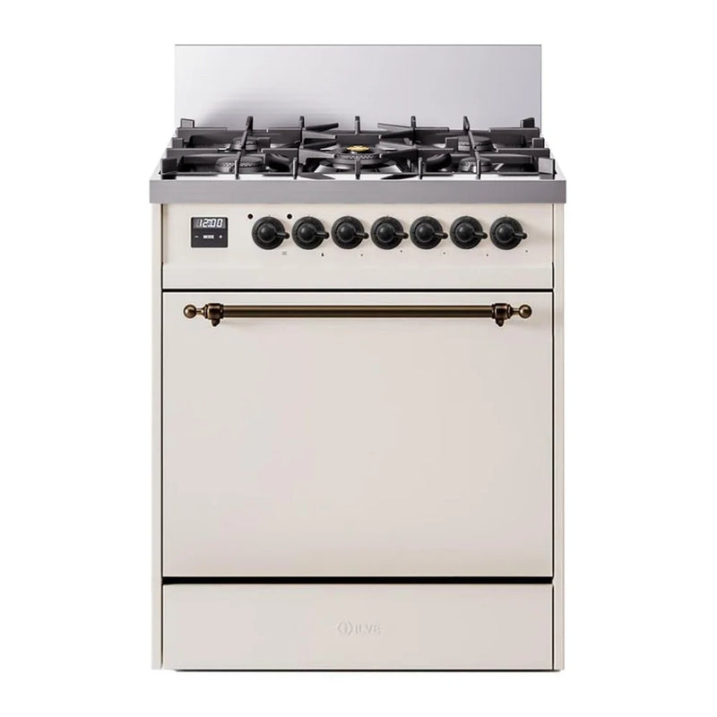 ILVE Nostalgie II 30" Dual Fuel Freestanding Range in Antique White with Burnished Trim, UP30QNMPAWB