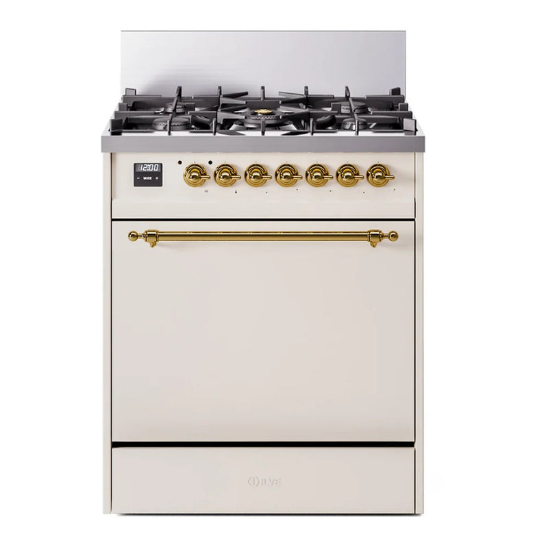 ILVE Nostalgie II 30" Dual Fuel Freestanding Range in Antique White with Brass Trim, UP30QNMPAWG