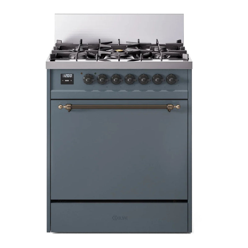 ILVE Nostalgie II 30" Dual Fuel Freestanding Range in Blue Grey with Burnished Trim, UP30QNMPBGBLP